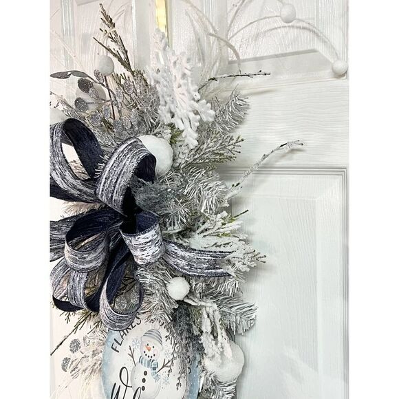 Luxe Winter Midnight Navy Blue Gray Silver Winter Teardrop Swag Wreath - Picture 5 of 9